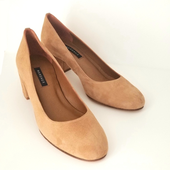 Margaux Heels Shoes 11N The Heel Handmade Caramel Suede Almond Toe Block Pump - Picture 3 of 16
